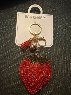 Strawberry Crystal Tassel Keychain Bag Charm - Red